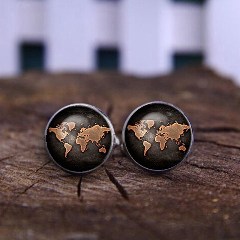 Silver Plated Antique World Map Vintage Cufflinks - 5