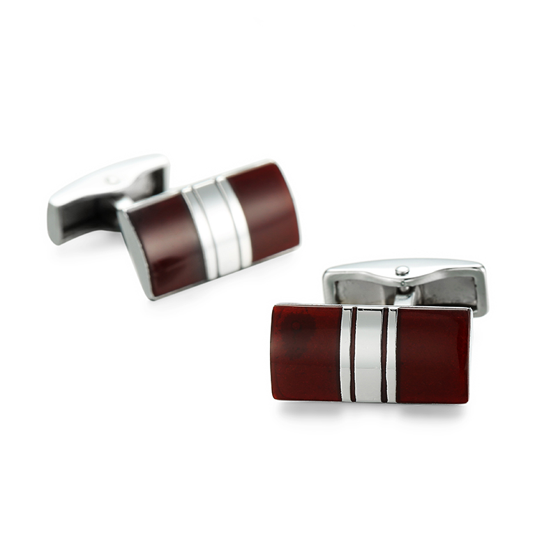 Elegant Silver Plated French Cufflinks With Red Enamel Wood Design For Mens Wedding Business Attire - 3