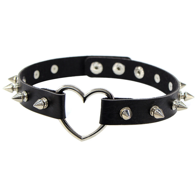 Punk Pu Leather Studded Choker Necklace With Heart Lock Key Round Spike Rivets Ideal Birthday Party Gift Jewelry - 3