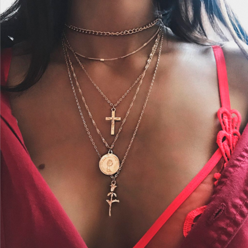 Trendy Bohemian Gold Cross Pendant Multilayer Choker Necklace Womens Punk Fashion Party Jewelry Gift - 13