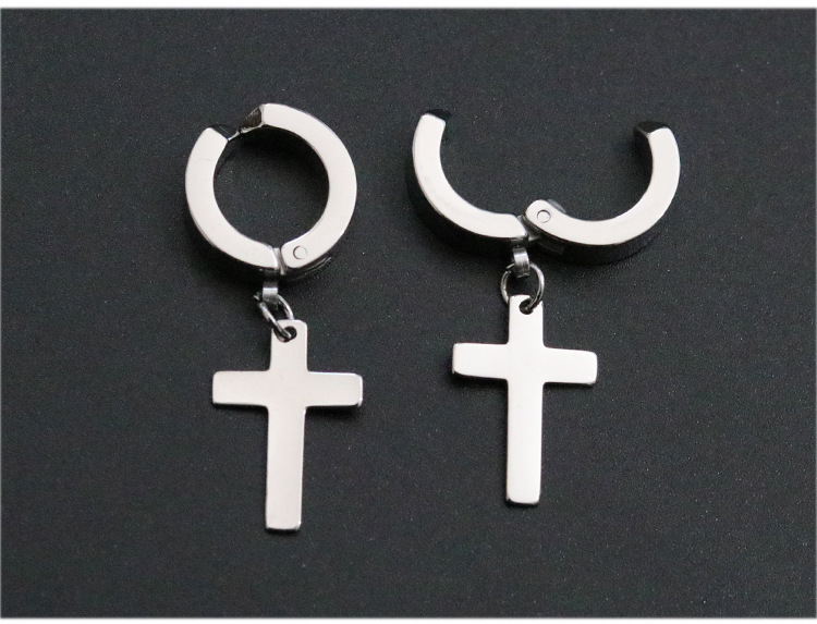 1pc Unisex Gothic Punk Rock Stainless Steel Cross Drop Fake Clipon Piercing Earrings For Men And Women - 4