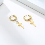 Dainty Minimalist Gold Color Dangling Cross Shaped Charm Huggie Pierced Hoop Earrings For Guy Men Women Jewelry - 4