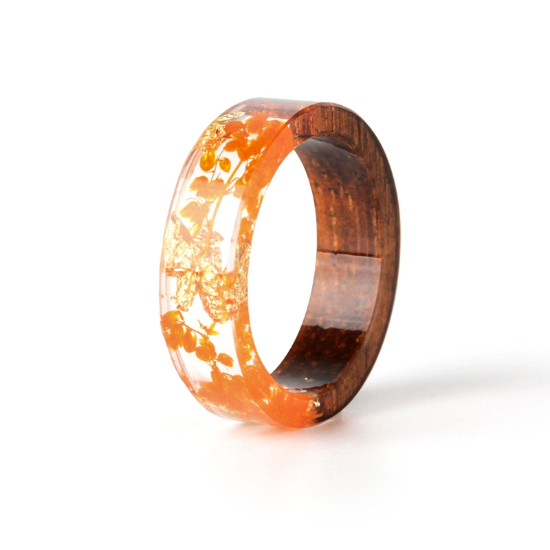 Handmade Wood Resin Ring With Transparent Epoxy Dried Flower Design Fashionable Womens Wedding Jewelry - 7