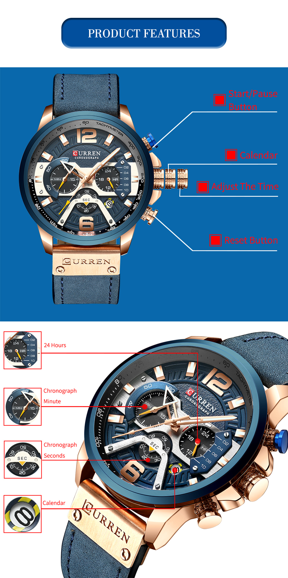 Curren Luxury Mens Chronograph Sport Watch Blue Leather Military Wristwatch Top Casual Style - 3