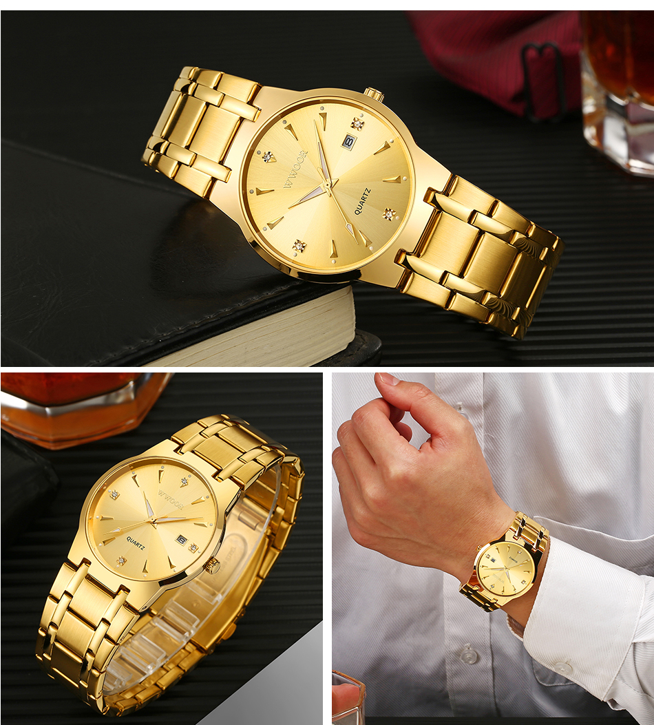 Luxury Wwoor Mens Diamond Watch Quartz Movement Gold Black Date Feature Elegant Fashionable Dress Wristwatch - 11