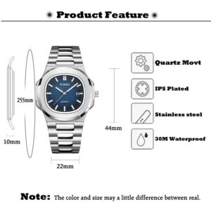 Pladen Business Men Watch Luxury Fashion Quartz Wristwatch Male Stainless Steel Strap Gradient Blue Waterproof Calendar - 2