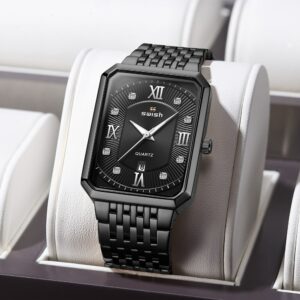 Swish Luxury Men's Rectangle Watches Top Brand Black Business Wristwatch Waterproof Military Quartz Watch Relogio Masculino