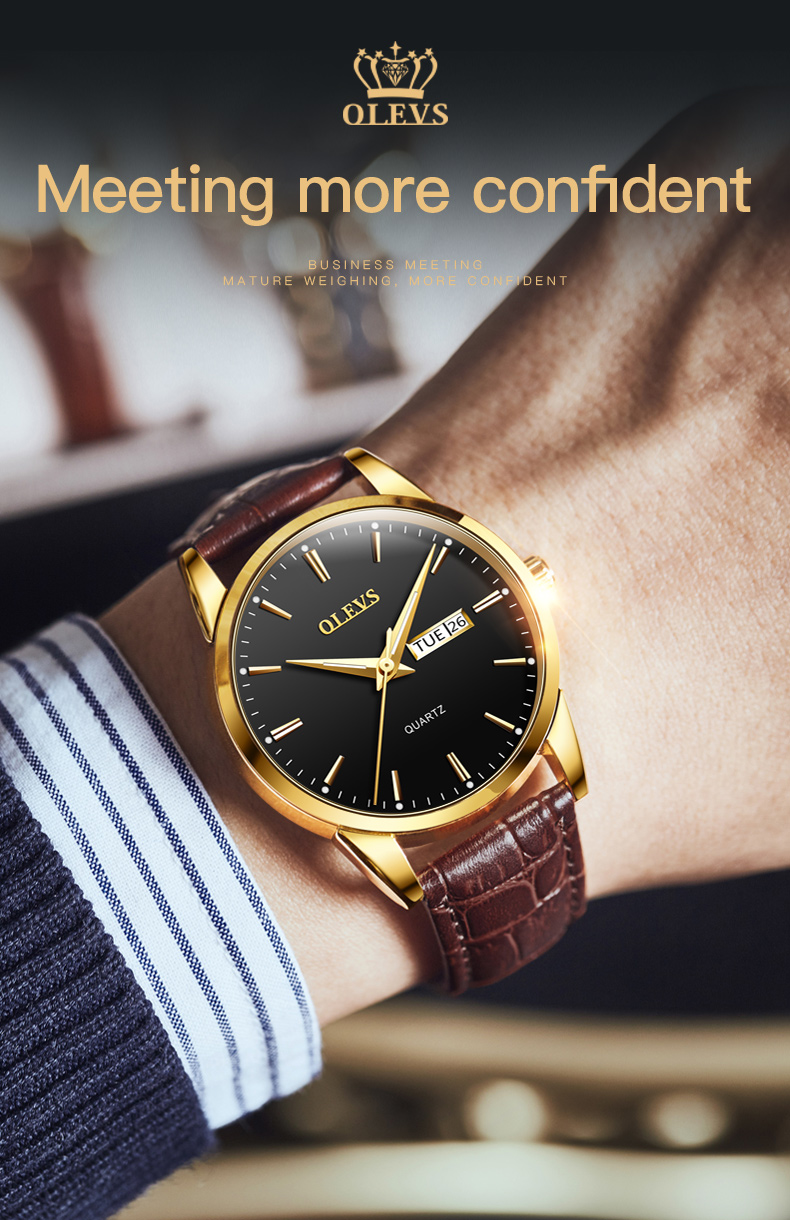 Olevs Mens Quartz Watch Classic Design Waterproof Leather Strap Business Casual Wear - 11