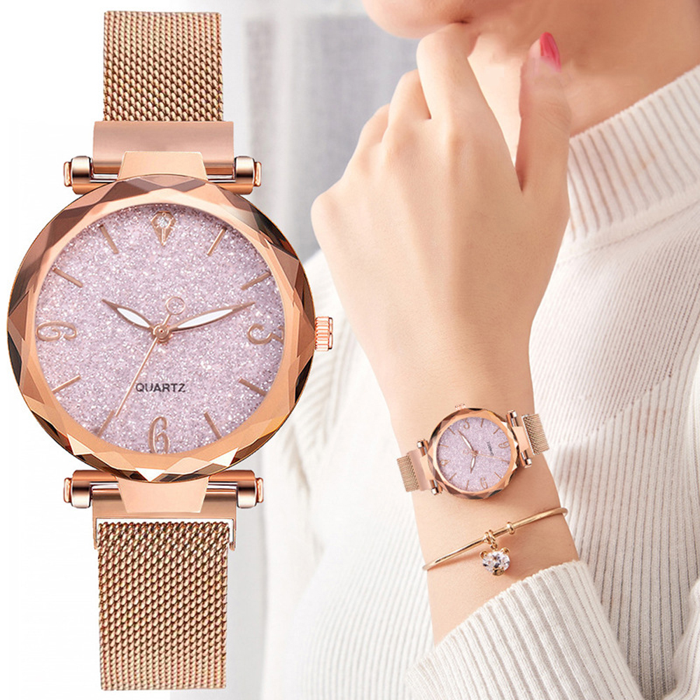 Luxury Rose Gold Womens Watch Magnetic Starry Sky Mesh Wristwatch Top Female Timepiece For Ladies - 1