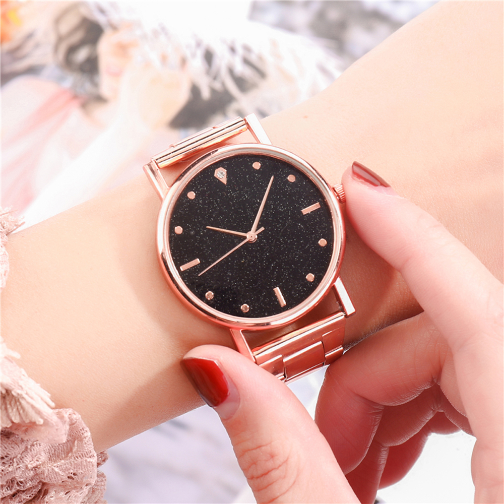 Luxury Starry Sky Black Womens Watch With Analog Quartz Movement And Stainless Steel Band - 22