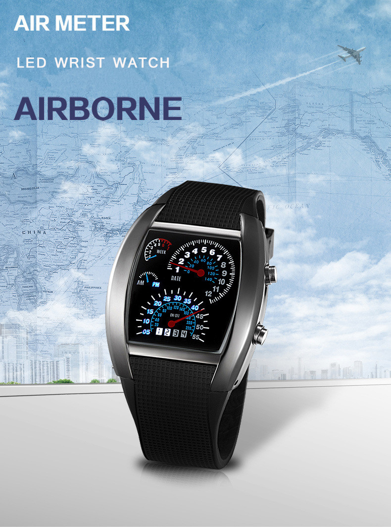 Mens Turbo Rpm Sports Watch Blue Led Full Black Stainless Steel Car Meter Dial Rectangle - 1