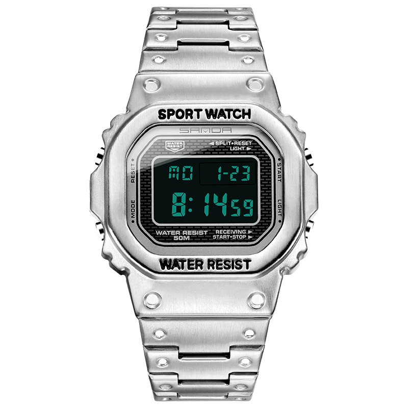 Mens Stainless Steel Digital Sports Watch Shockproof Waterproof Led Luminous Retro Style Ideal For Swimming And Diving - 92