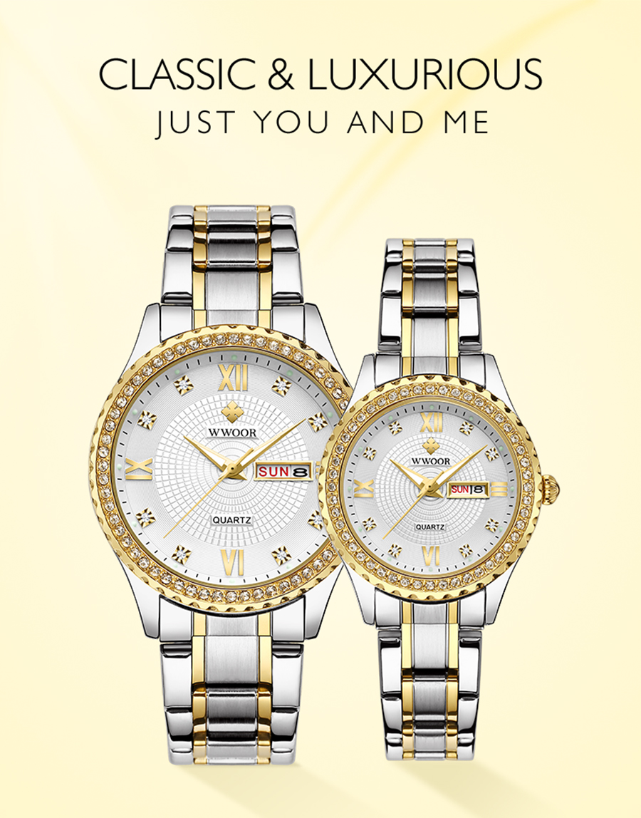 Wwoor Luxury Diamondencrusted Gold Quartz Couple Watches Stainless Steel Elegant Gift For Lovers - 1