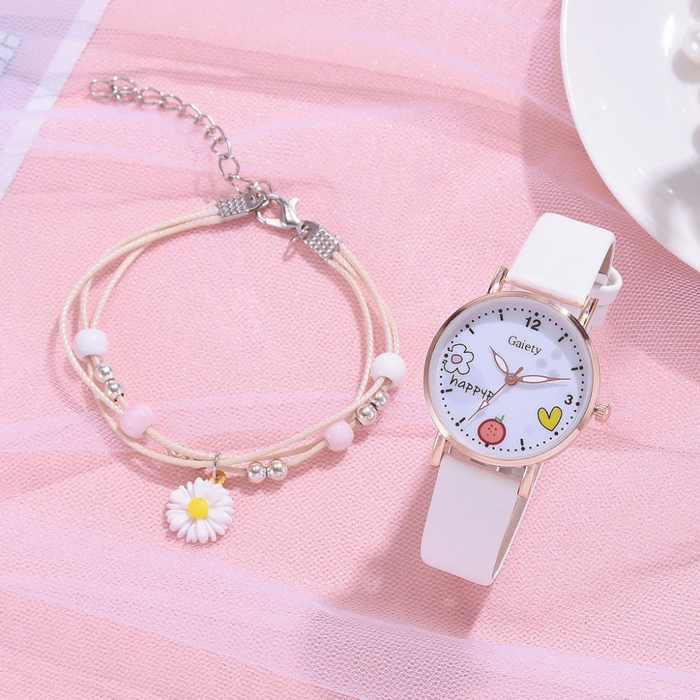 Quartz Wristwatch Girls Leather Strap Pink Watch Set Gift Clock For Children Students Kids - 12