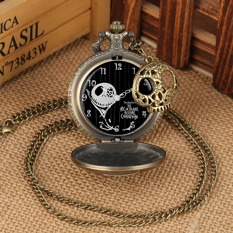 Tim Burton Inspired Nightmare Before Christmas Jack Skellington Quartz Pocket Watch Necklace With Skull Pendant - 1