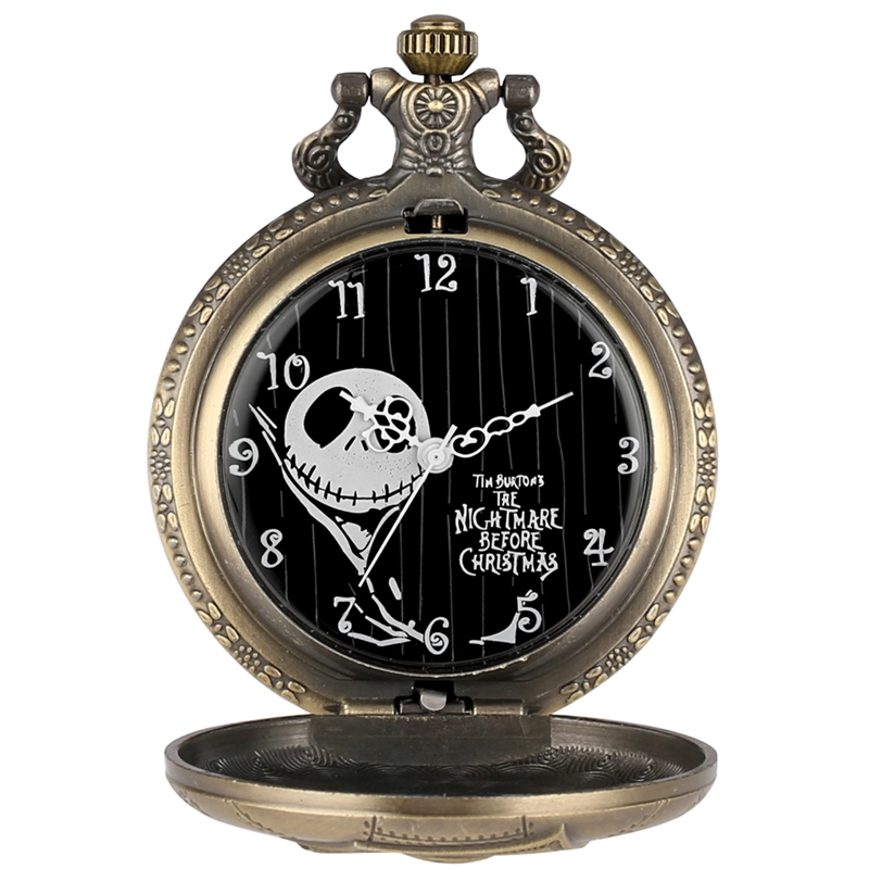 Tim Burton Inspired Nightmare Before Christmas Jack Skellington Quartz Pocket Watch Necklace With Skull Pendant - 5