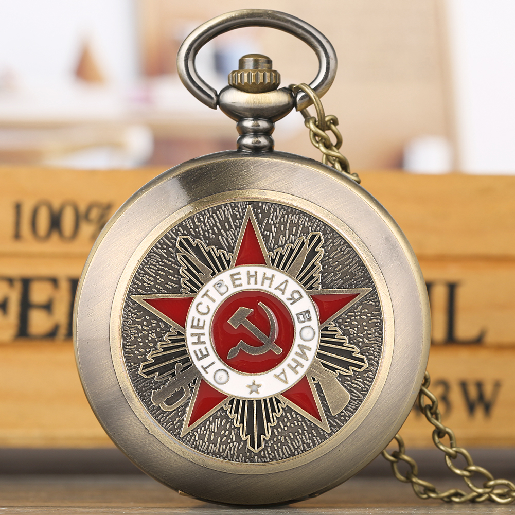 Vintage Ussr Red White Pocket Watch With Classic Alloy Chain Male Soviet Union Cccp Necklace Clock - 2