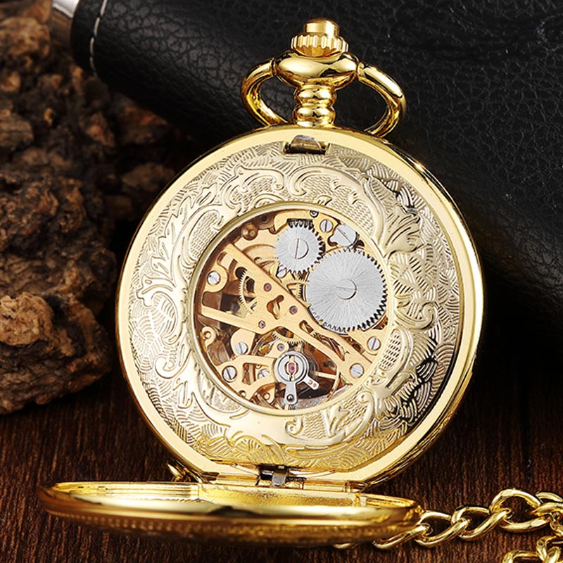 Vintage Steampunk Golden Mechanical Pocket Watch Doublesided Deer Pattern Unisex Fob Clock Necklace Chain - 5