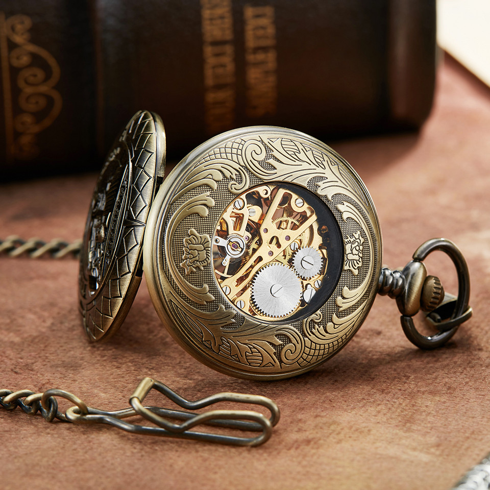 Vintage Bronze Polar Express Design Mechanical Pocket Watch With Roman Numerals Hollow Skeleton Mens Chain Accessory - 5