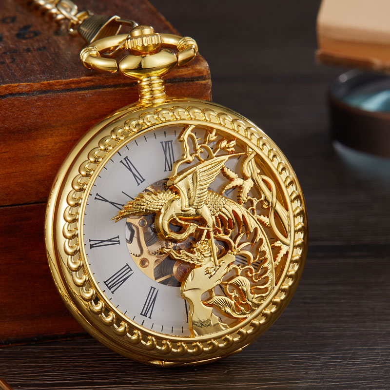 Vintage Mens Mechanical Pocket Watch Phoenix Bird Skeleton Design Roman Numerals Hand Winding Double Case With Fob Chain - 4