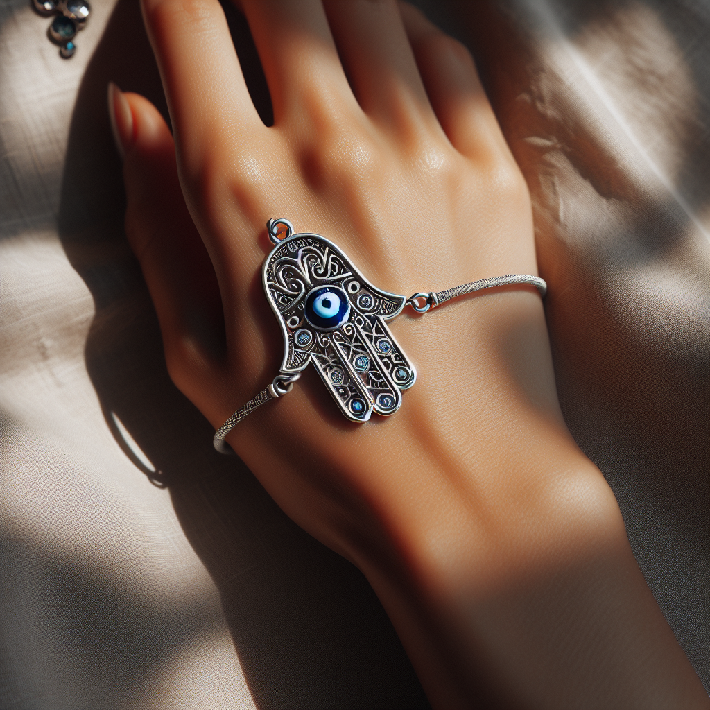 Handmade Silver Hamsa Hand Bracelet for Women with Blue Evil Eye Charm: A Unique Design Handmade Silver Hamsa Hand Bracelet for Women with Blue Evil Eye Charm: A Unique Design